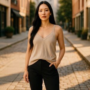 JANE SINGER camisole low V-neck rayon blend nubby knit Flesh-tone color sexy